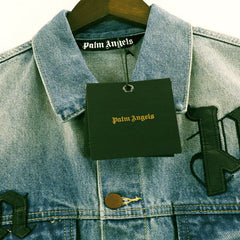 Palm Angels Men's Light Blue Logo Patches Denim Jacket