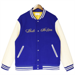 RHUDE Floral Embroidery Emblem Wool Tweed Baseball Jacket #Blue