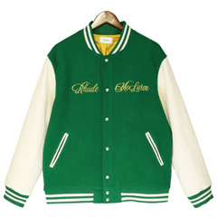 RHUDE Floral Embroidery Emblem Wool Tweed Baseball Jacket #Green