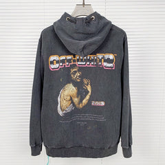 Off-White Washed And Distressed Character Pattern Hoodies