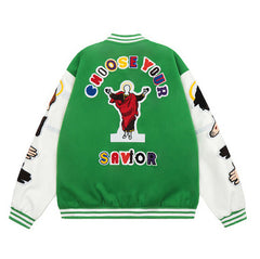 Saint Michael Loose Baseball Jacket With Embroidered Badge-Green