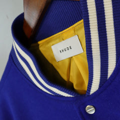 RHUDE Floral Embroidery Emblem Wool Tweed Baseball Jacket #Blue